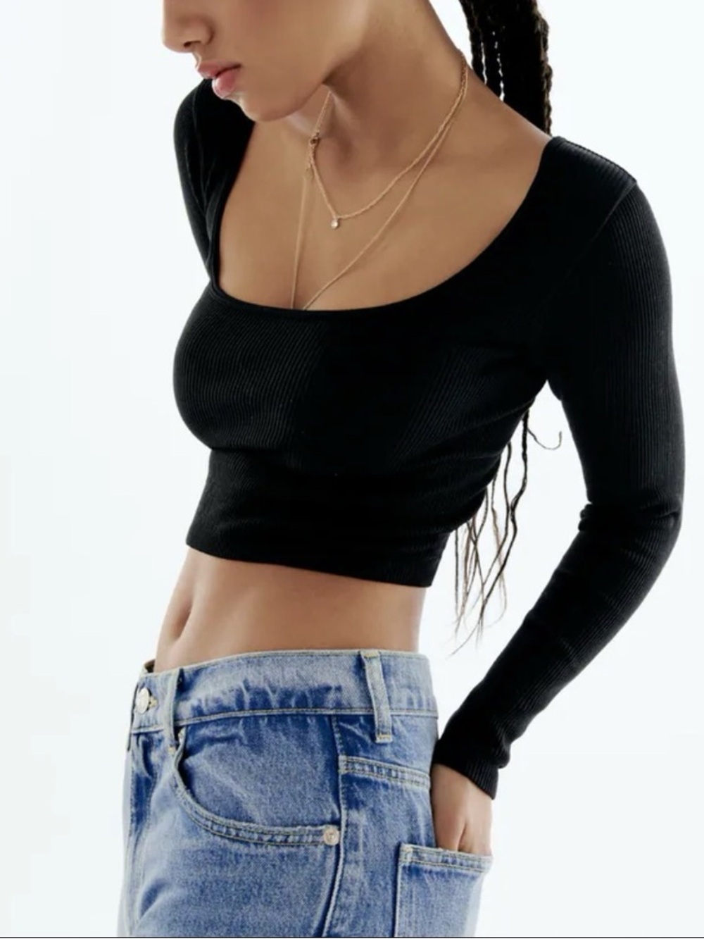 Zara Black Square Neck Seamless Ribbed Long Sleeve Crop Top Size M-L Festival